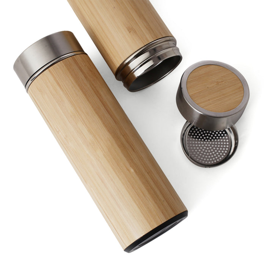 Personalized bamboo water bottle with a sleek design and stainless steel lid for eco-friendly hydration