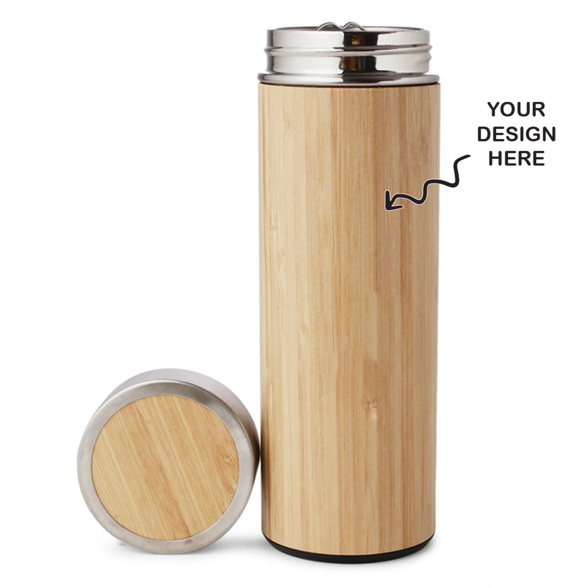 Personalized bamboo water bottle with a sleek design and stainless steel lid for custom artwork