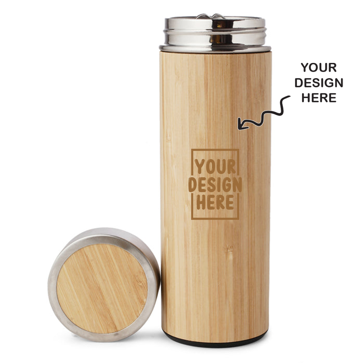 Personalized bamboo water bottle with a customizable design area for unique personalization
