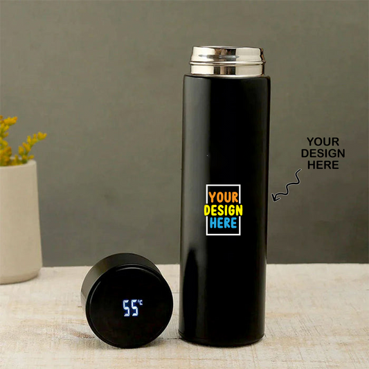 Personalized black color temperature water bottle with digital display and customizable design area