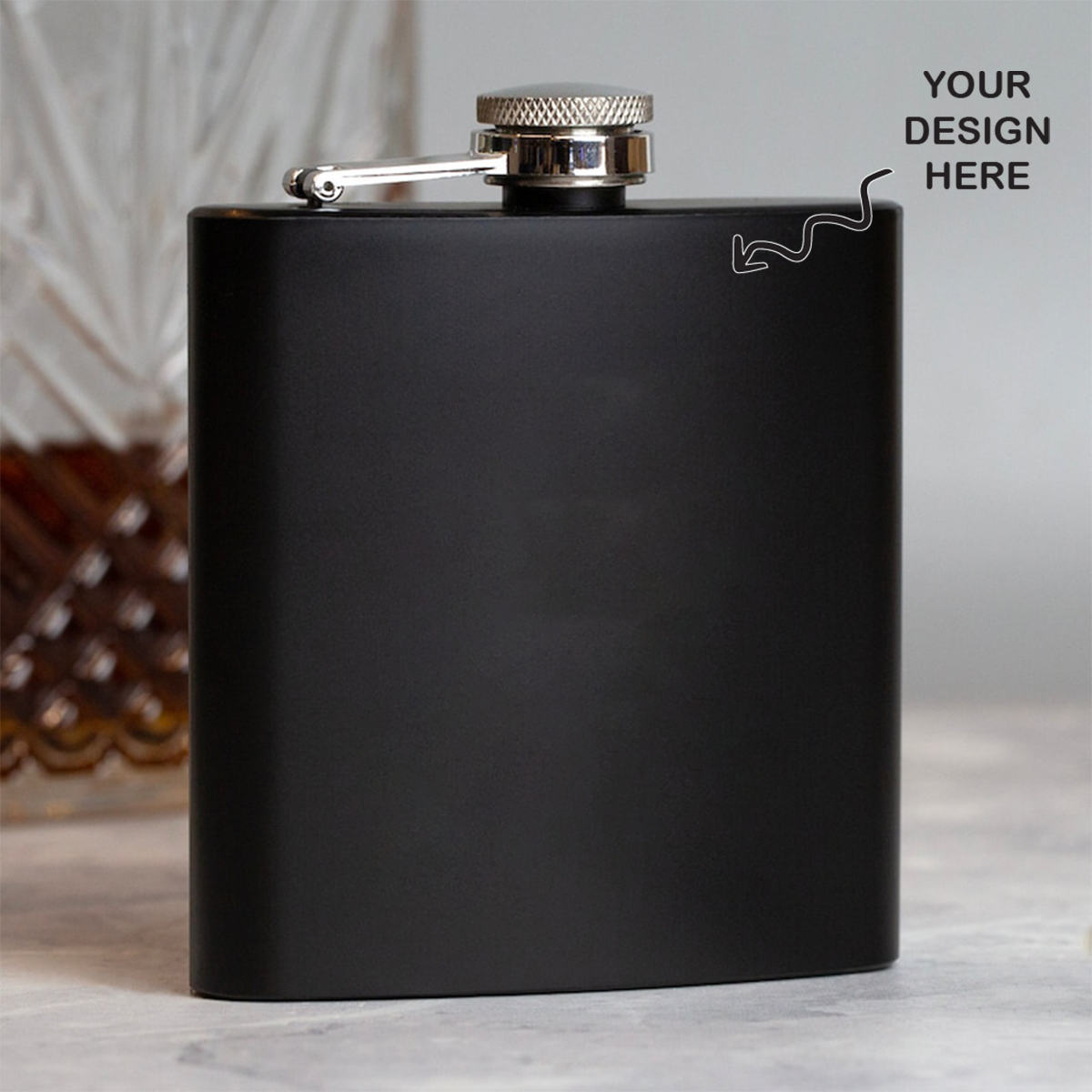 Personalized black hip flask with customizable design area for unique gifts and celebrations