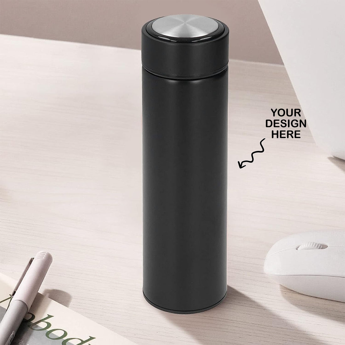 Personalized black non temperature steel water bottle displayed on a desk, customizable design area