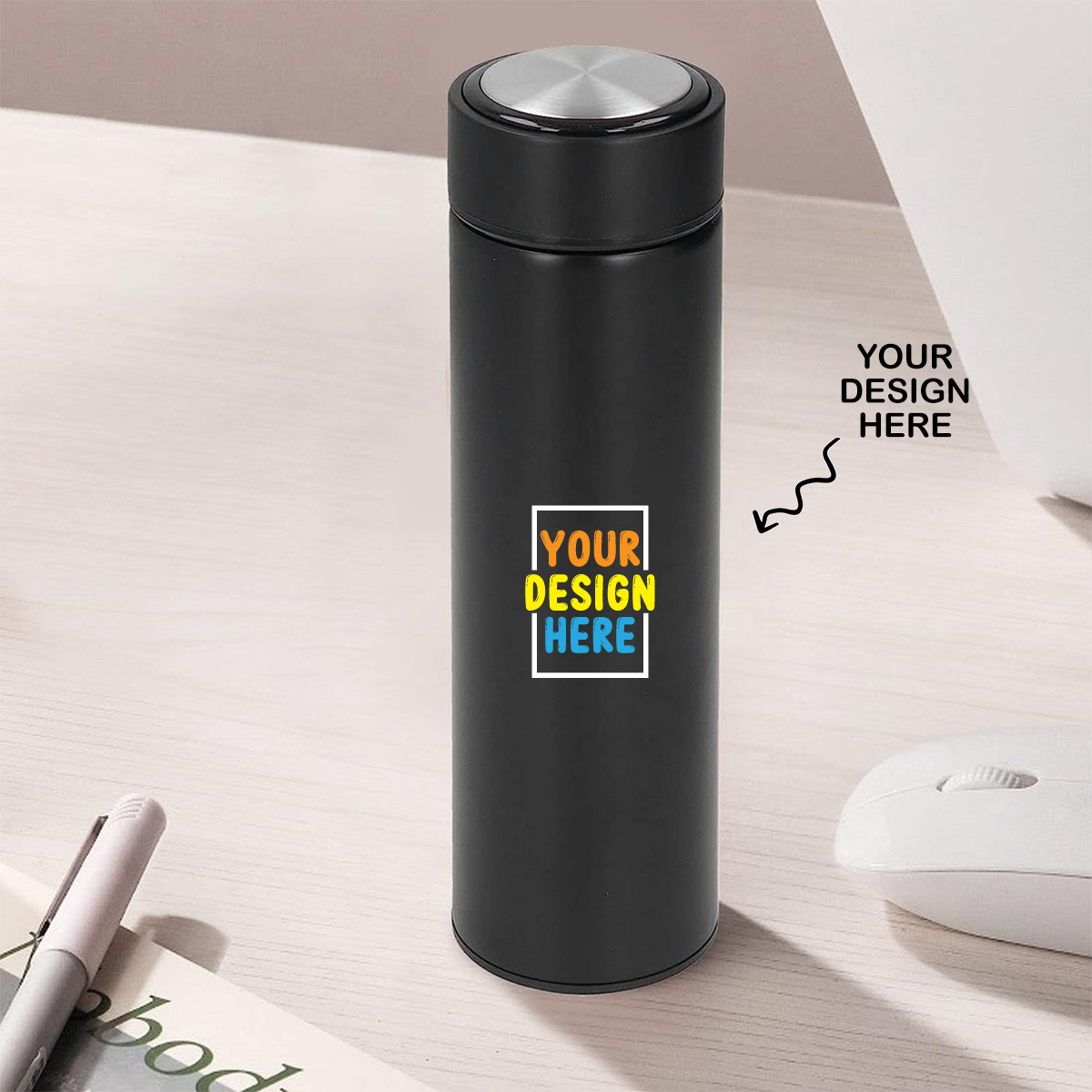 Personalized black non temperature steel water bottle with customizable design option for unique styling