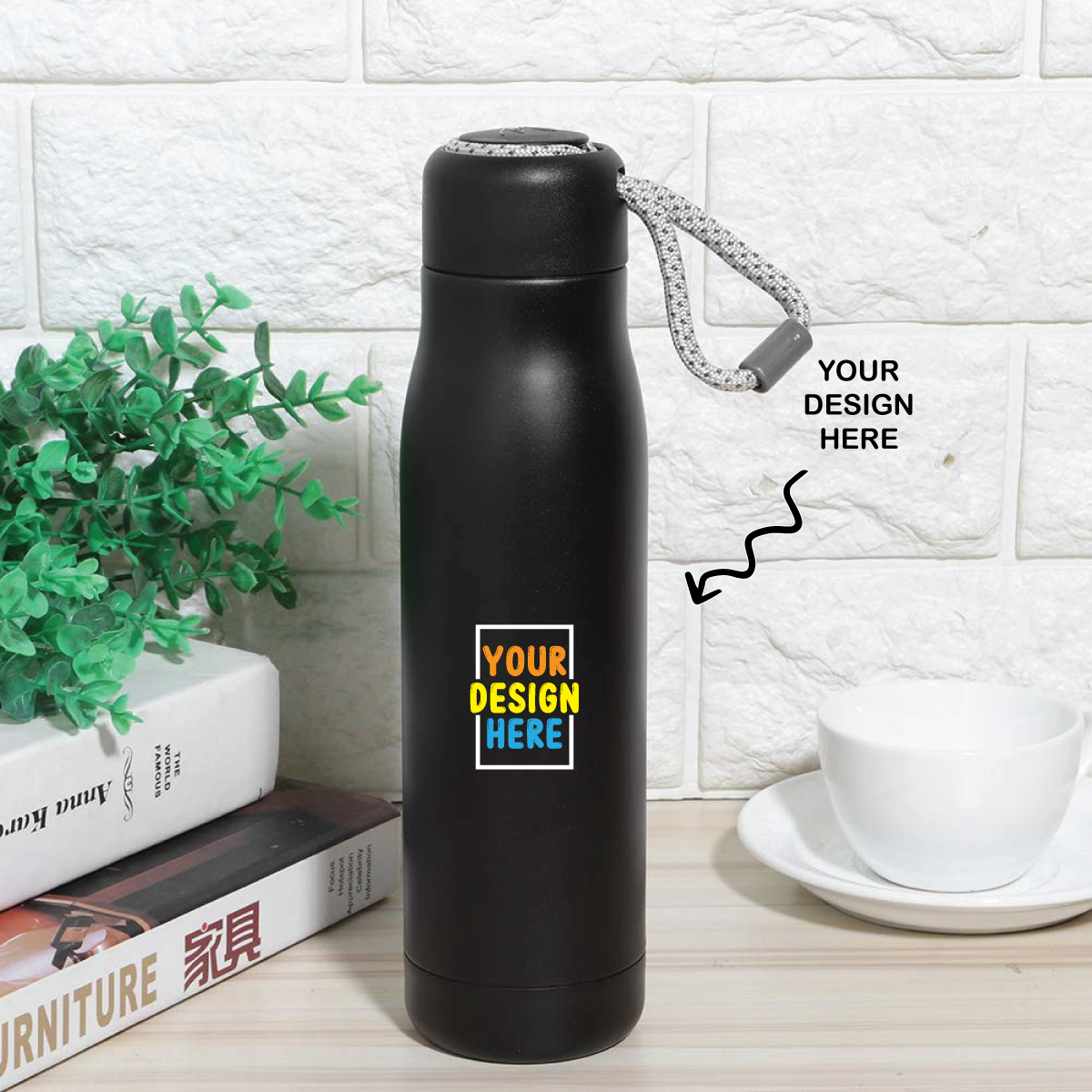 Personalized black rope handle metal bottle with customizable design feature