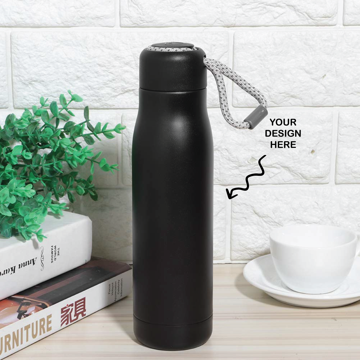Personalized black rope handle metal bottle for custom designs with sleek finish