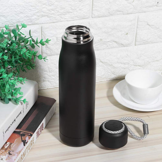Personalized black rope handle metal bottle with sleek design and stainless steel cap