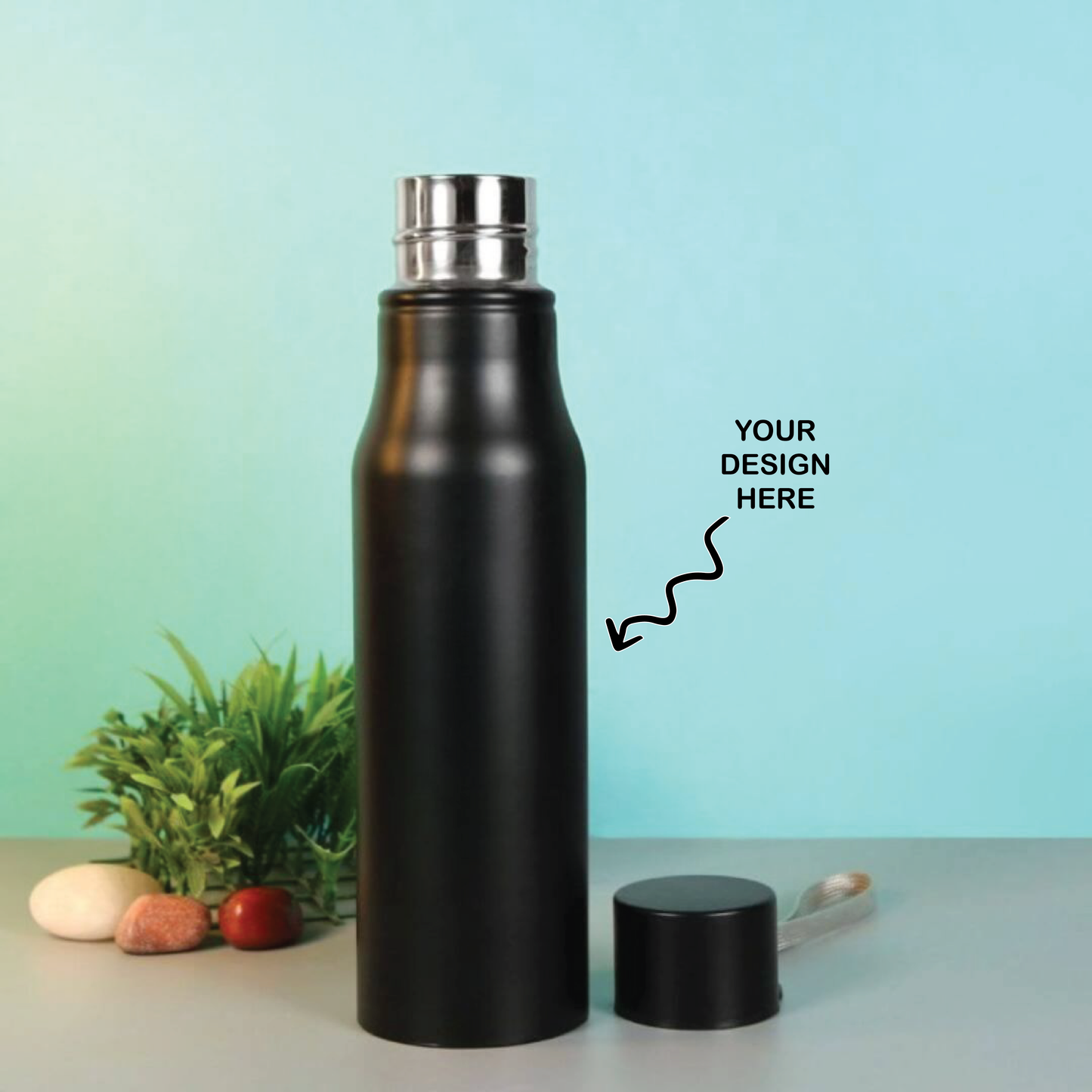 Personalized black stainless steel water bottle with custom design area and stylish cap