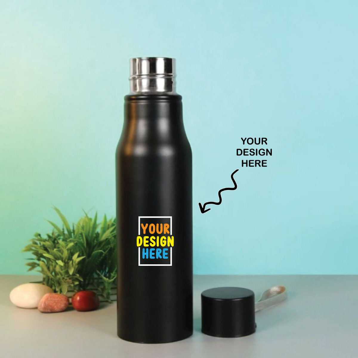 Personalized black stainless steel water bottle with customizable design area for unique touches