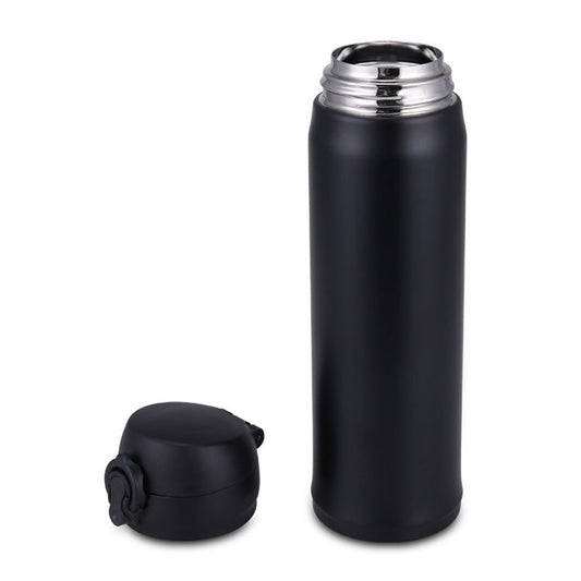 Personalized black steel vacuum flask with a sleek design and a secure lid for drinks on the go
