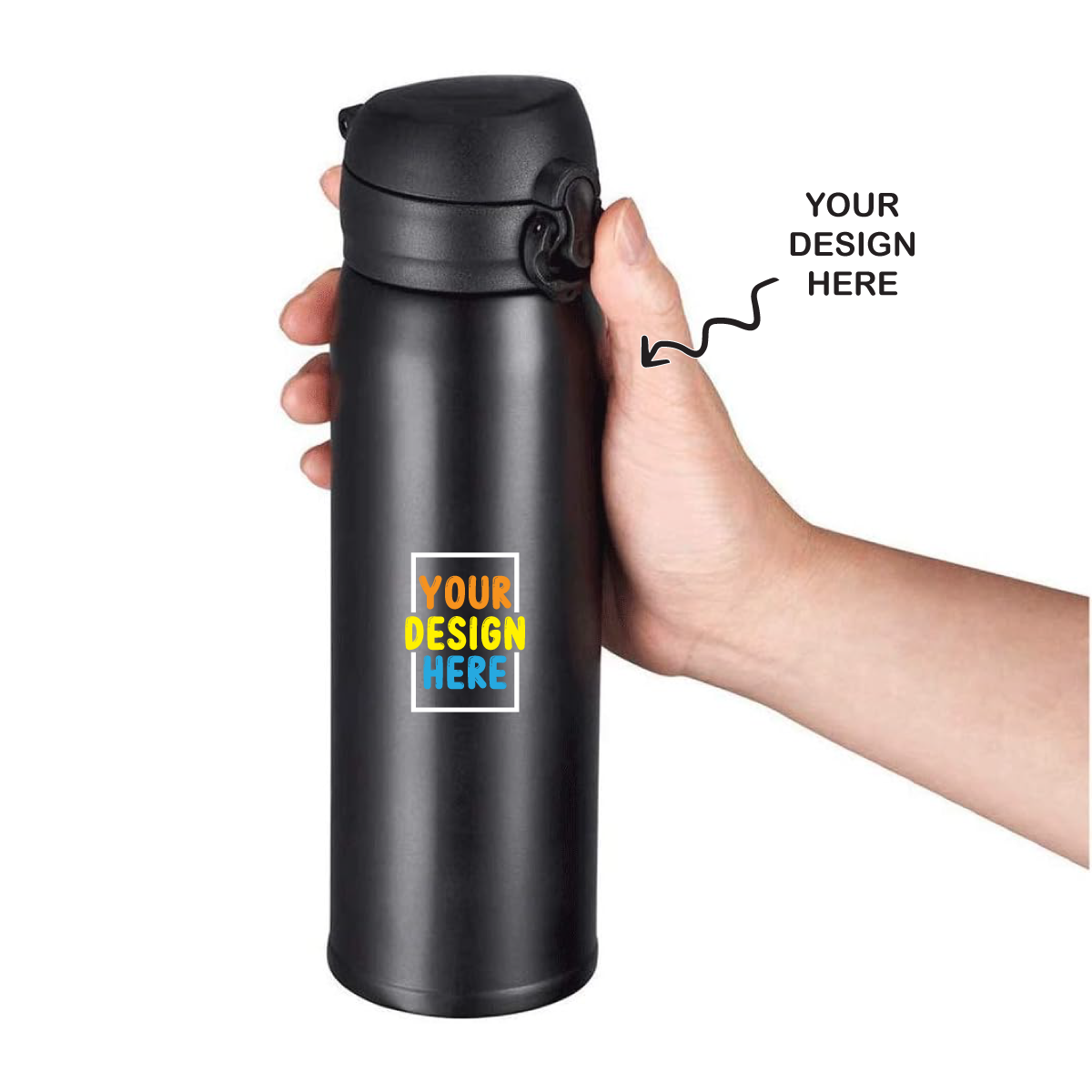 Personalized black steel vacuum flask being held with customizable design area