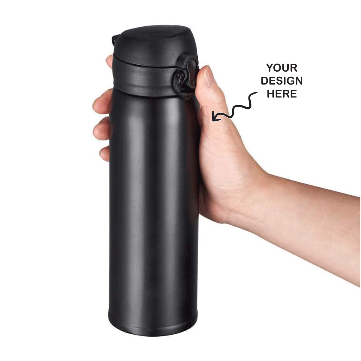 Personalized black steel vacuum flask with a sleek design for convenient hydration on the go