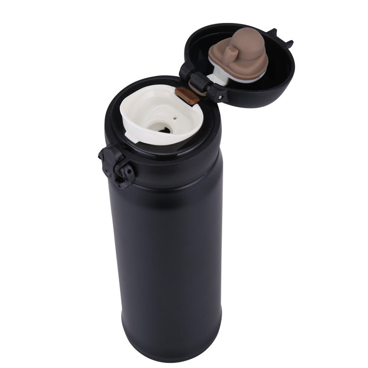 Personalized black steel vacuum flask with a flip-top lid for easy drinking and portability