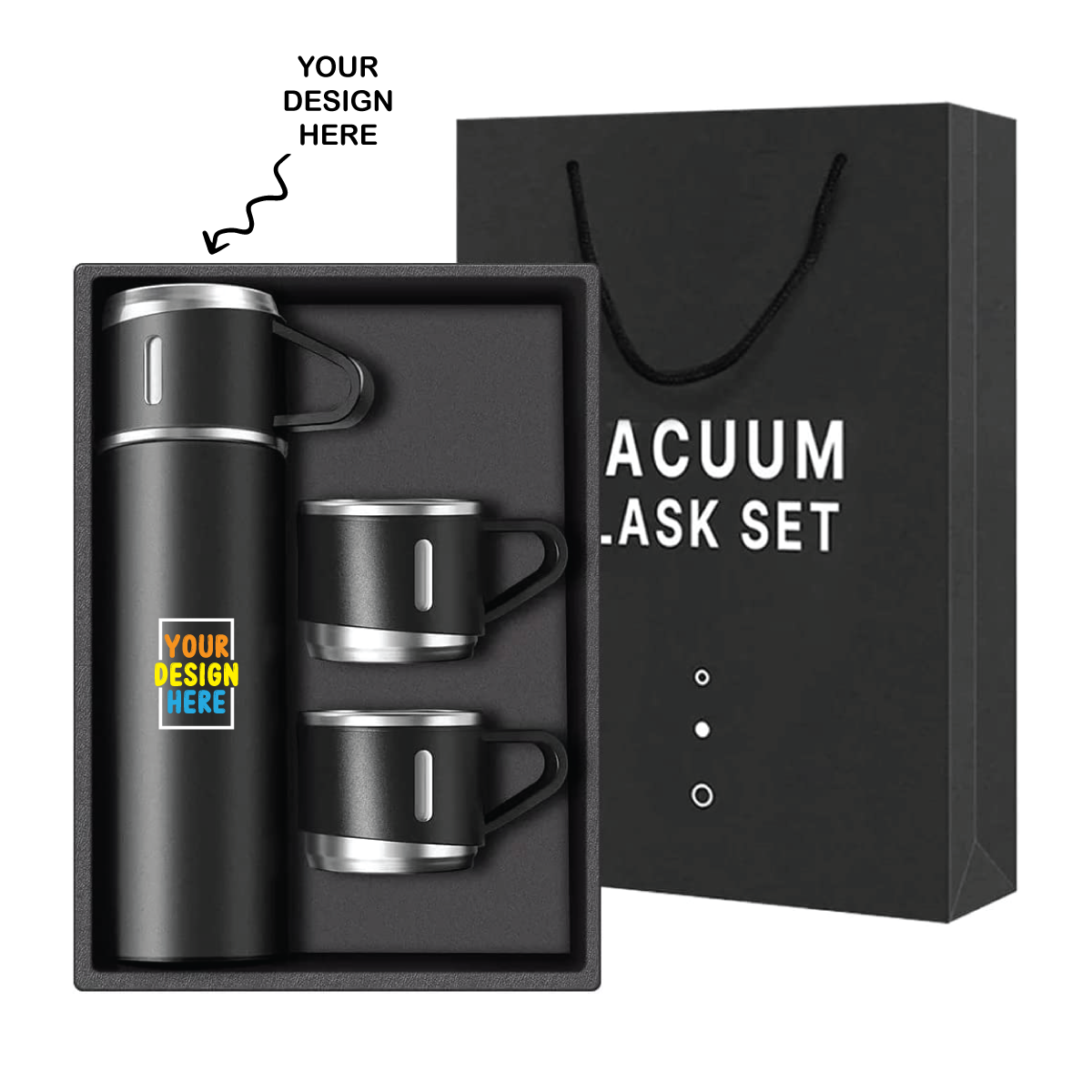 Personalized black steel vacuum flask set with 3 steel cups in a gift box from The Gifting Marketplace