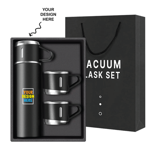 Personalized black steel vacuum flask set with 3 steel cups in a gift box from The Gifting Marketplace