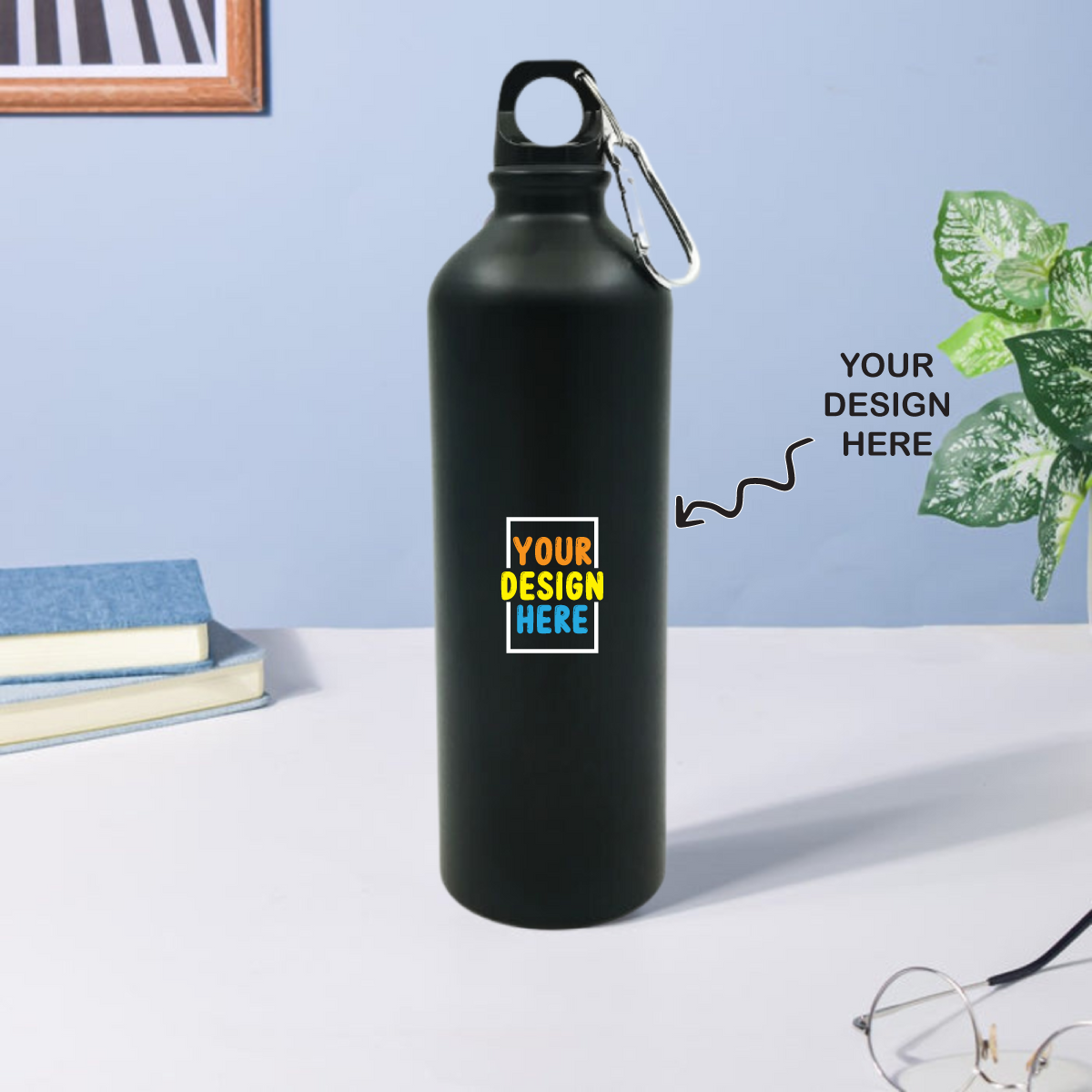 Personalized black water bottle 750ml with customizable design area for unique styling