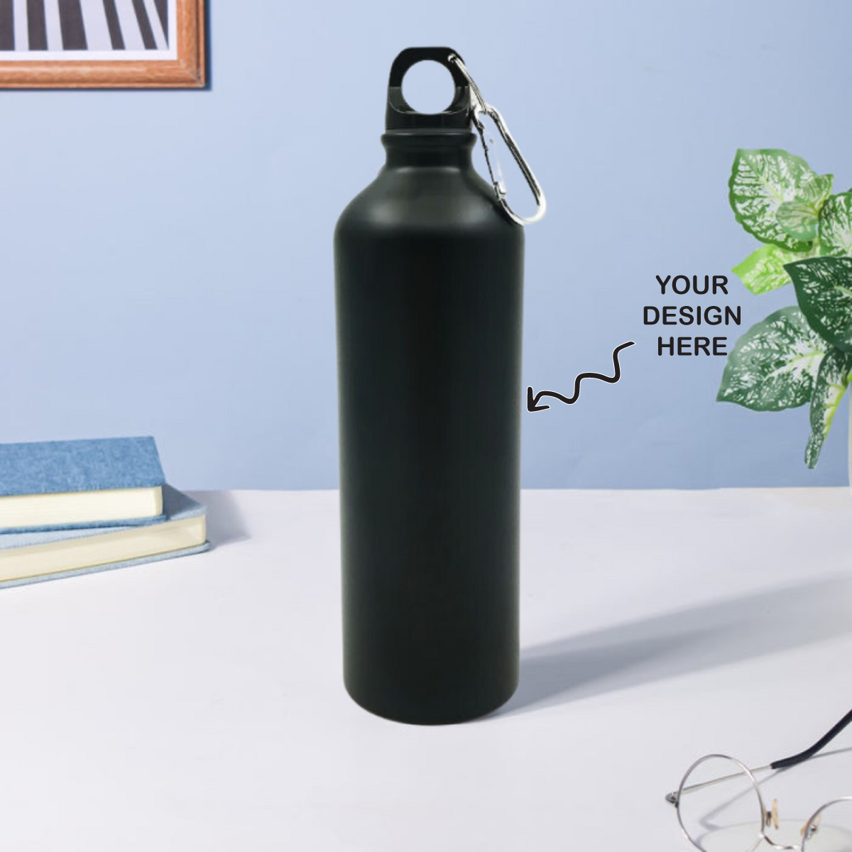 Personalized black water bottle 750ml with customizable design option, perfect for daily hydration