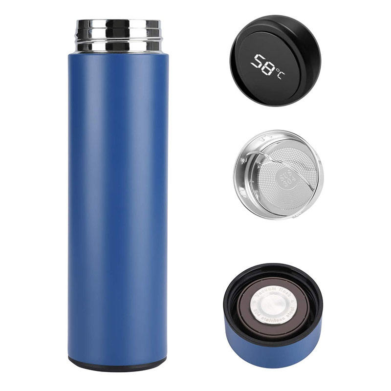 Personalized blue color temperature UV printed water bottle with digital display and detachable lid