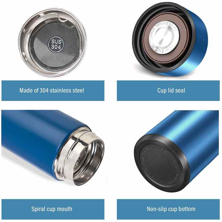 Personalized blue color temperature UV printed water bottle with stainless steel and non-slip cup bottom