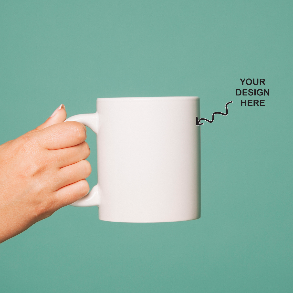 Hand holding a blank personalized ceramic mug 350ml ready for custom designs