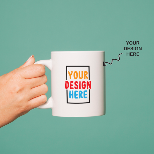 Personalized ceramic mug 350ml held in hand with customizable design template displayed
