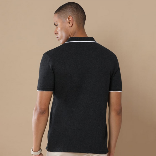 Back view of the personalized charcoal melange jacquard polo t-shirt showing clean structure and textured fabric finish.