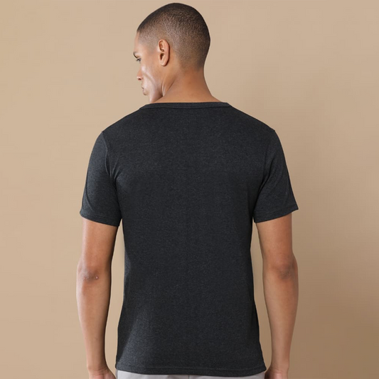 Back view of the personalized charcoal melange round neck t-shirt showing clean structure and textured fabric finish.