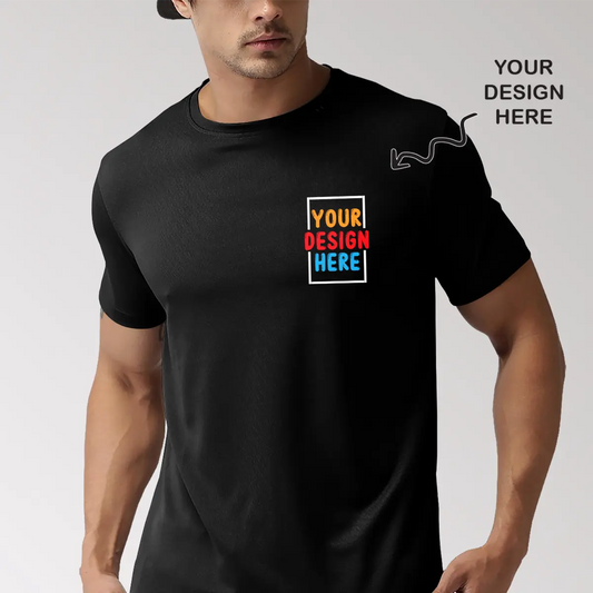 Personalized corporate t-shirts in black with customizable design area for branding or logos