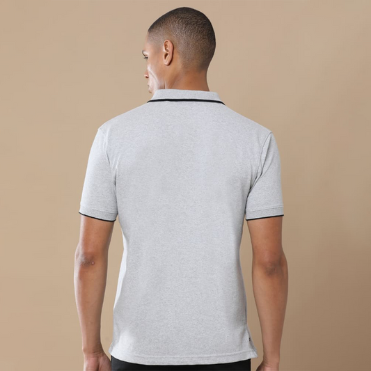 Back view of the personalized grey jacquard polo t-shirt showing clean structure and textured fabric finish.