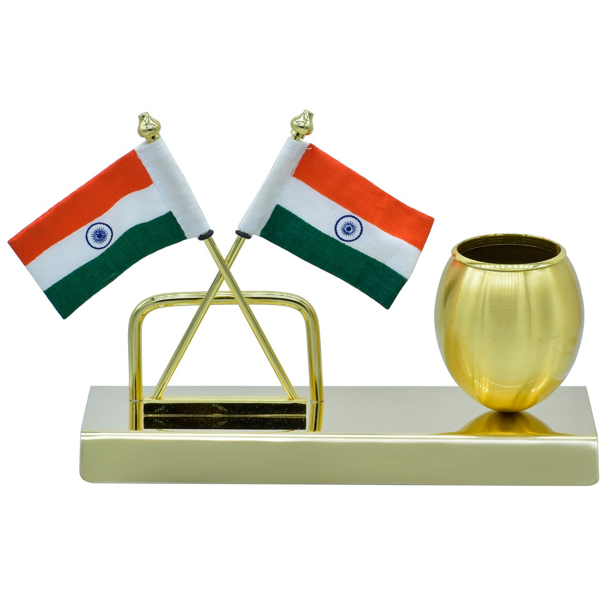 Personalized Indian flag pen stand with two flags on a gold base for desk or office use