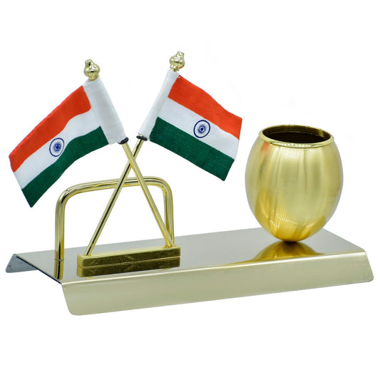 Personalized Indian flag pen stand with dual flags and metallic holder for a decorative desk piece
