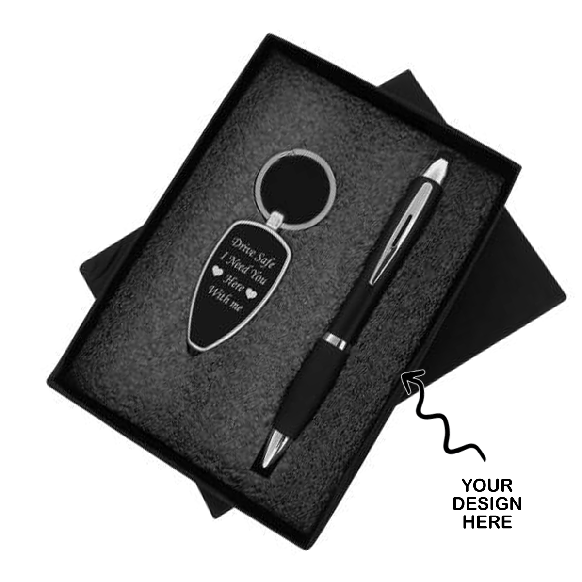 Personalized LED Keychain & Pen Set in a gift box featuring a sleek design and a heartfelt message