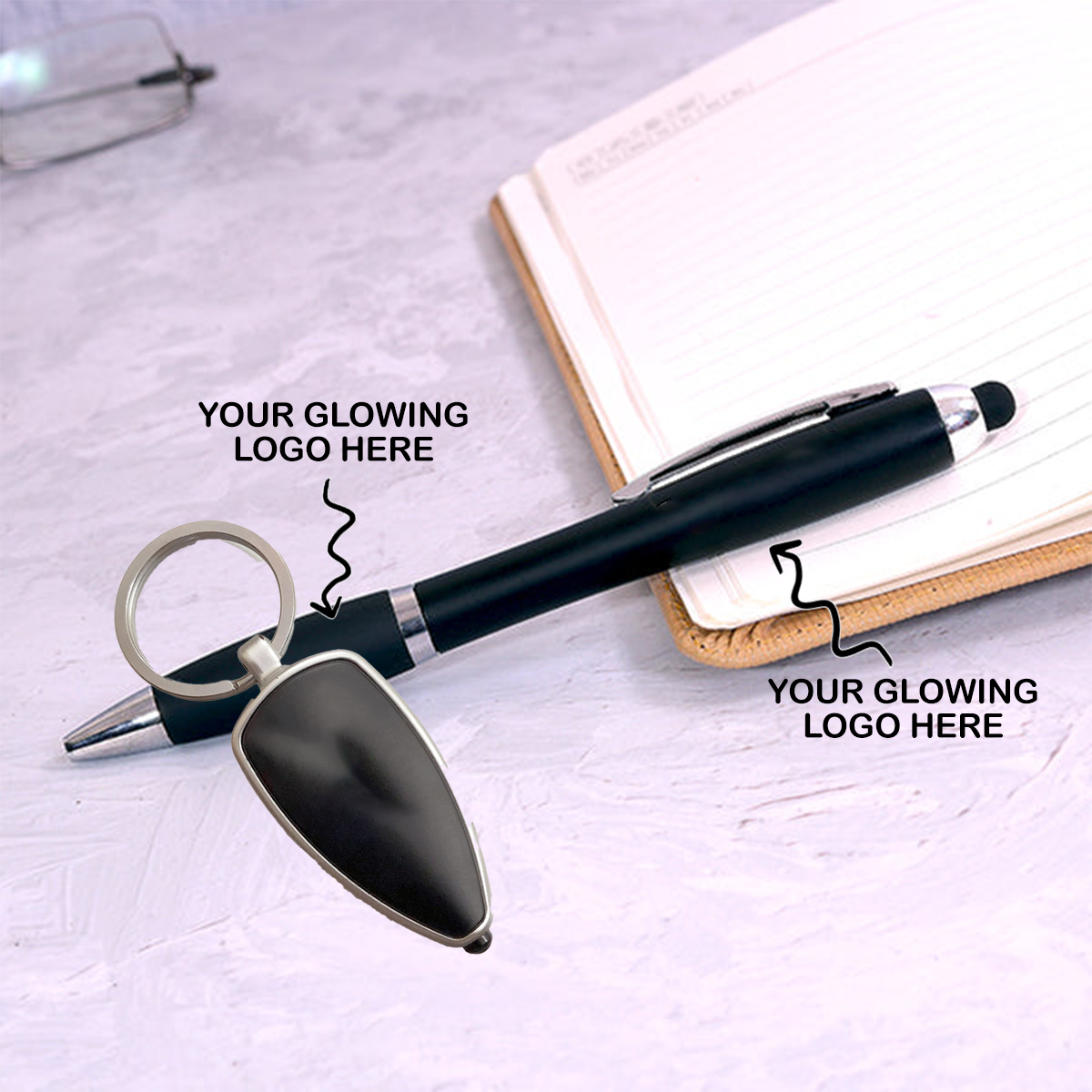 Personalized LED Keychain & Pen Set featuring a sleek design and customizable logo spaces
