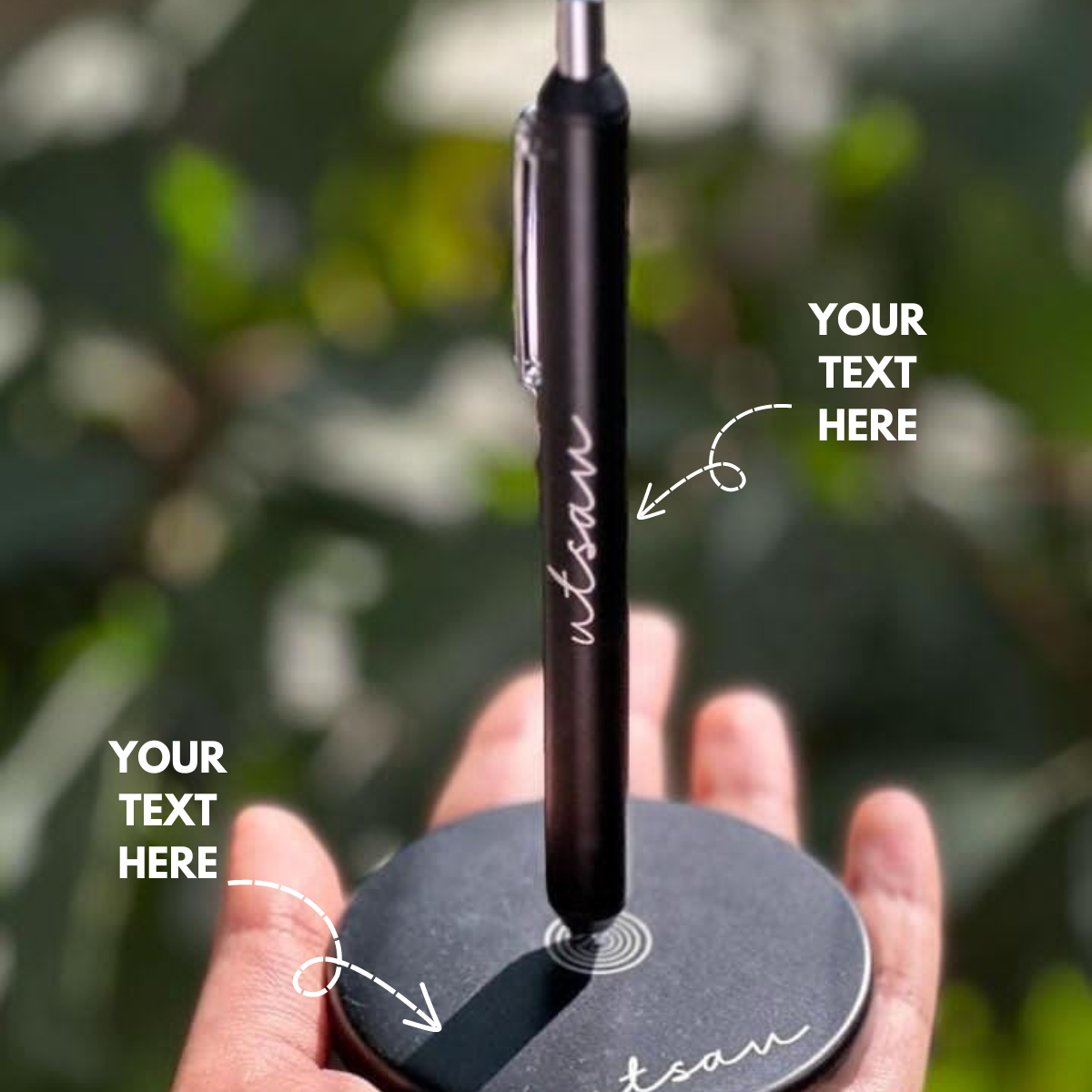 Personalized magnetic pen stand with custom text and a sleek black pen for office use