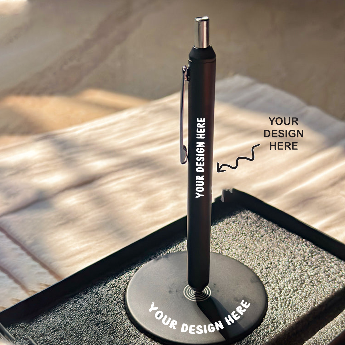Personalized magnetic pen stand with a sleek black design and custom branding space.