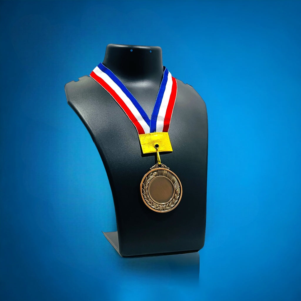 Gold 2 inch personalized medal displayed on a black bust with red, white, and blue ribbon