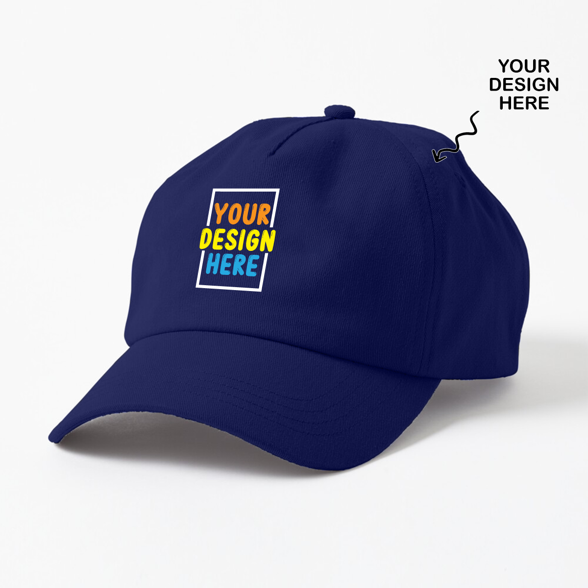 Personalized navy blue cap featuring customizable design area for unique personalization