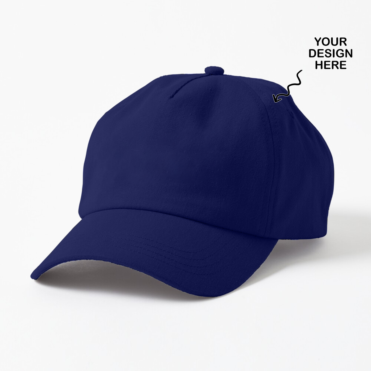 Personalized navy blue cap featuring customizable design area for unique creations