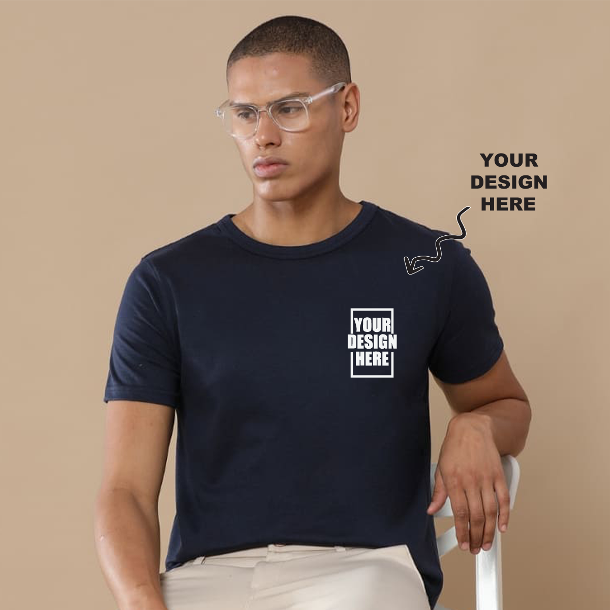 Navy blue round neck t-shirt with a placeholder design area showing where users can add their own logo, artwork, or text for personalization.