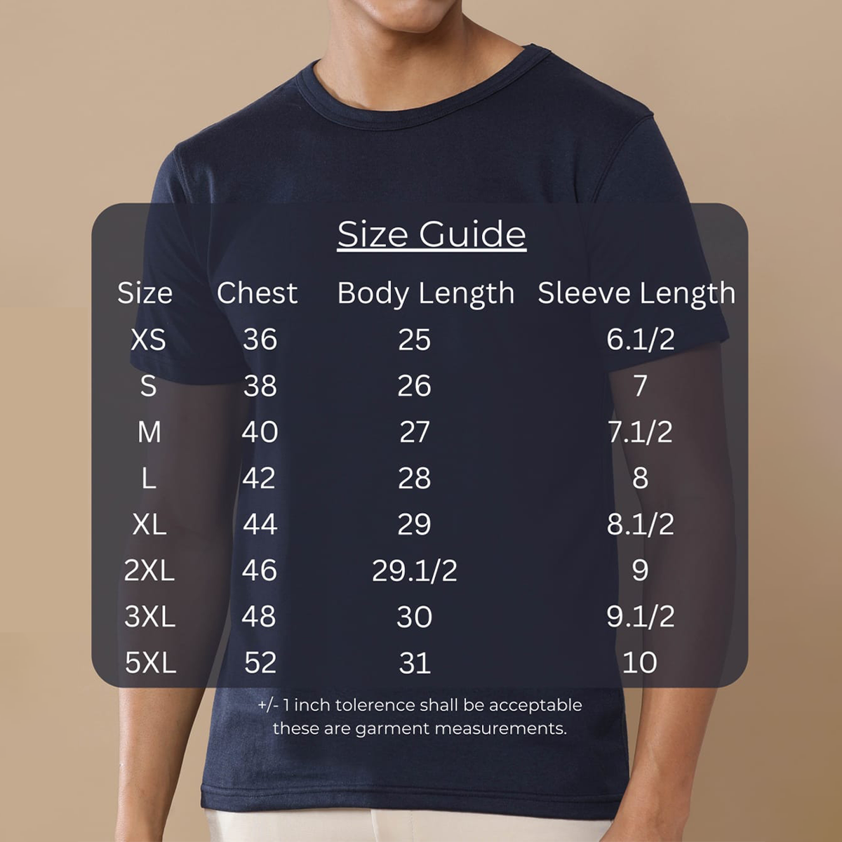 Size chart for Personalized navy blue round neck T-Shirt showing chest, length, and shoulder measurements for sizes S to XXXL