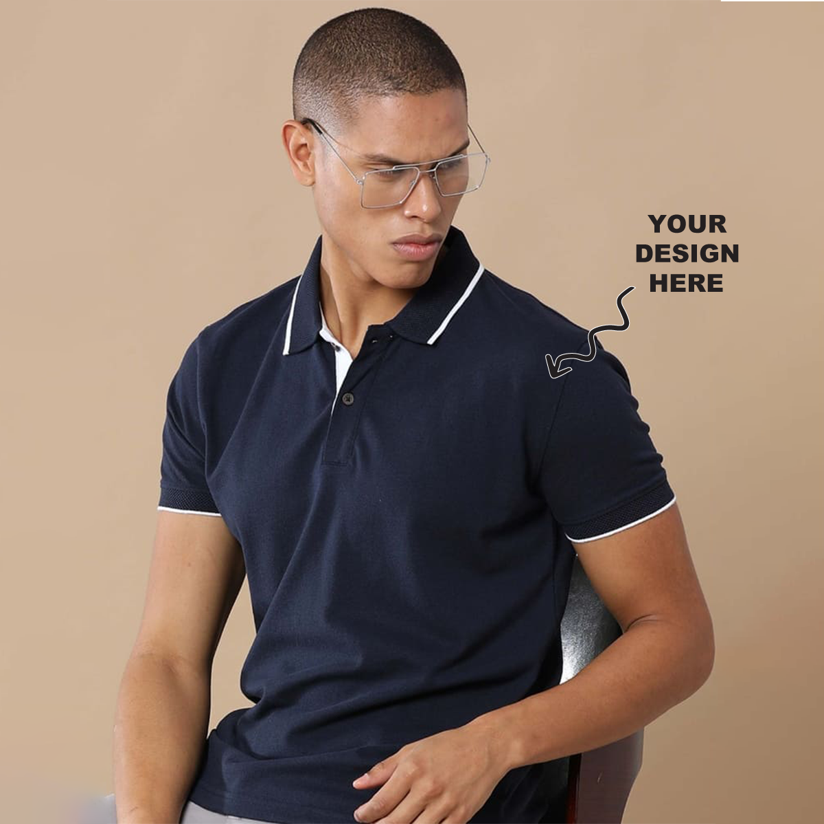 Navy jacquard polo t-shirt with a placeholder design area showing Corporate Logo Printed