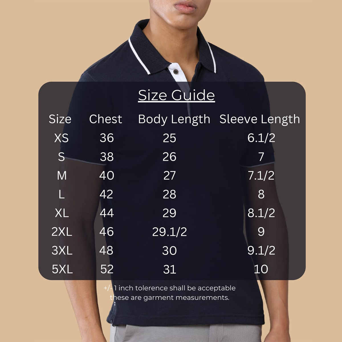 Size chart for Personalized navy blue Jacquard Polo T-Shirt showing chest, length, and shoulder measurements for sizes S to XXL.