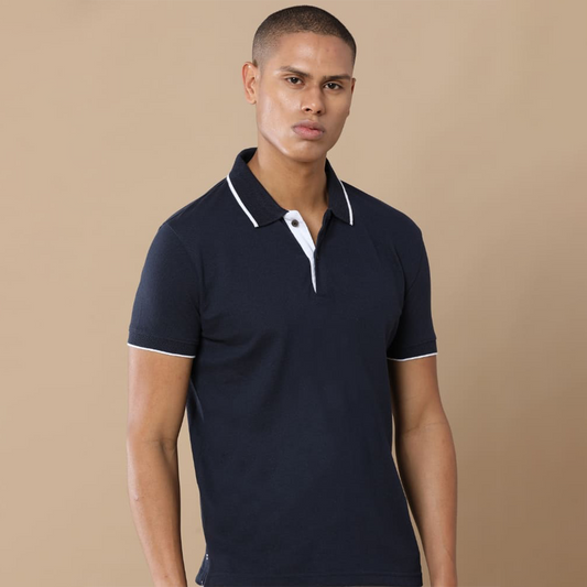 Navy Blue Tipping jacquard polo t-shirt with a corporate logo Printed.