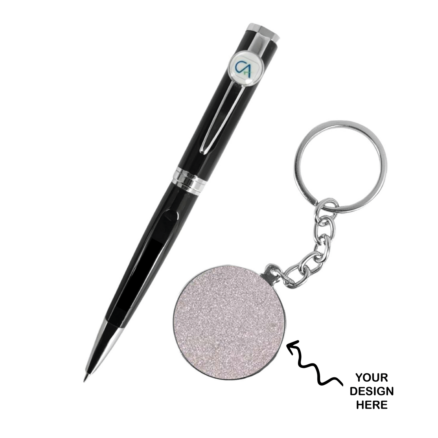 Personalized Pen And Keychain Combo For CA featuring a sleek black pen and custom keychain design.