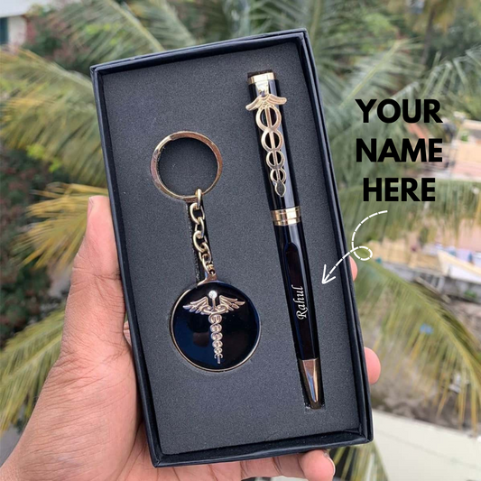 Personalized Pen And Keychain for Doctors in a gift box with a sleek design and custom name engraving