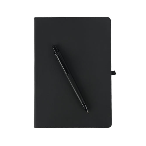 Personalized pen and notebook set in sleek black design for employee joining kits