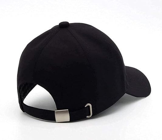 Black personalized promotional cap with adjustable strap and breathable design for custom branding