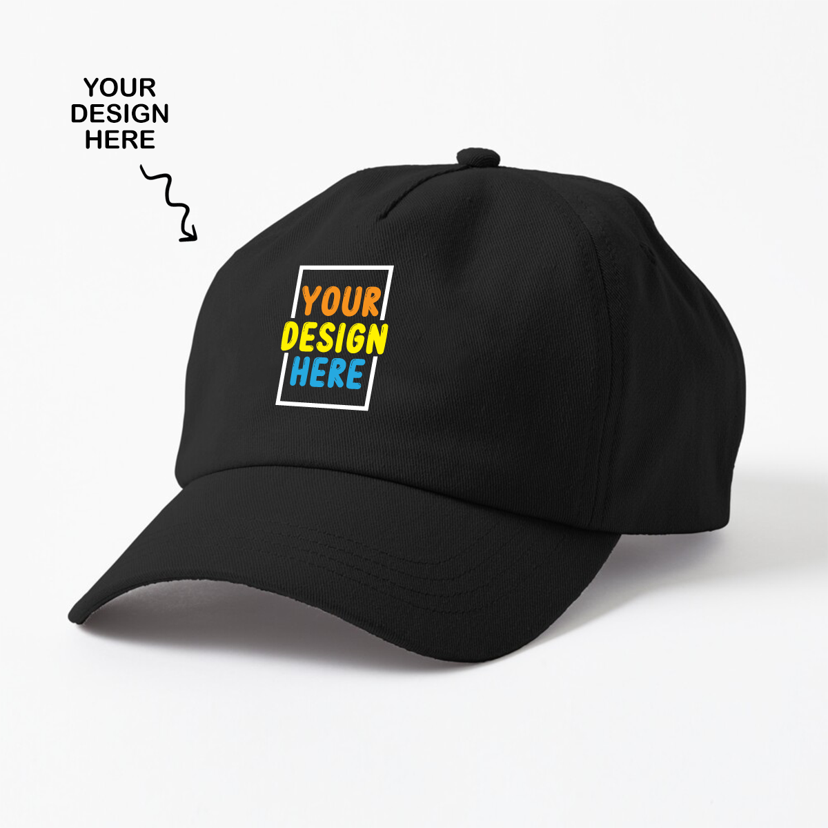 Customizable black personalized promotional cap featuring a design space for unique artwork
