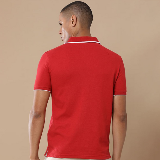 Back view of the personalized red jacquard polo t-shirt showing clean structure and textured fabric finish.