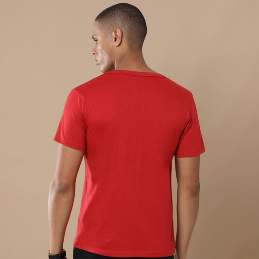 Back view of the personalized red round neck t-shirt showing clean structure and textured fabric finish.