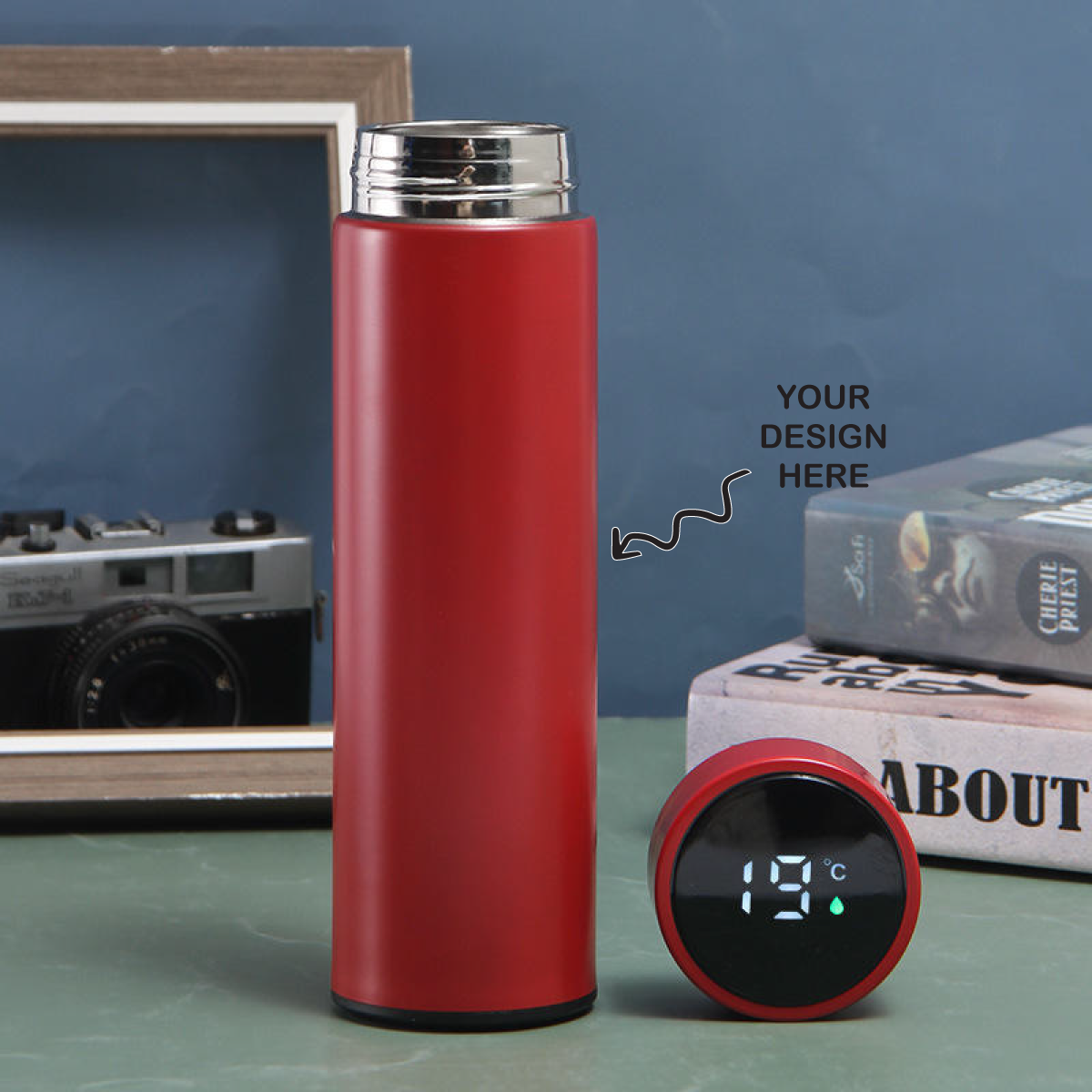 Personalized red temperature water bottle with digital display and custom design option